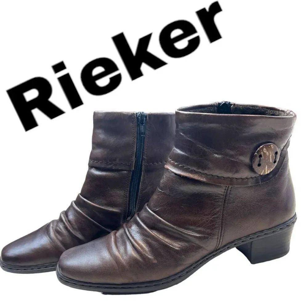 Rieker Ankle Boots Heel Shoes Womens 38 Brown Leather Button Block Heel Side Zip
